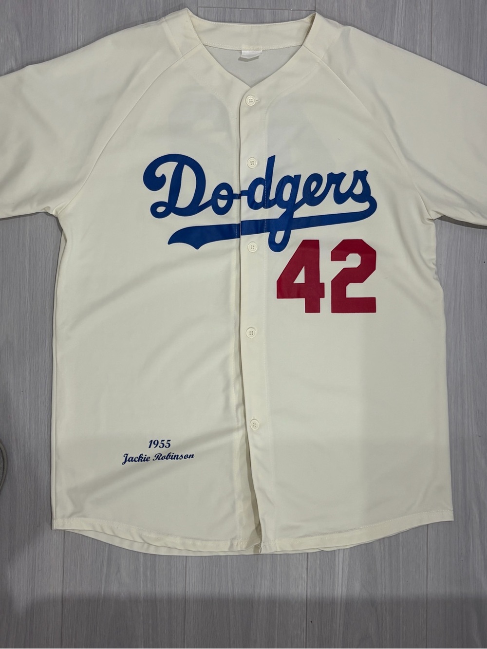Jackie Robinson Cream Dodgers Baseball Jersey with Blue Script & Red Number